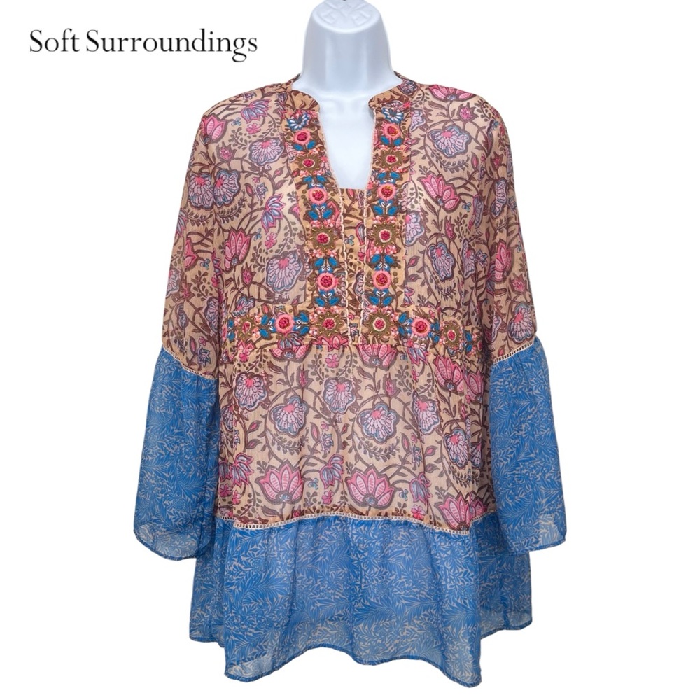 Soft Surroundings | Women Petite Medium | Sheer Floral‎ Loose Bell Sleeve Blouse